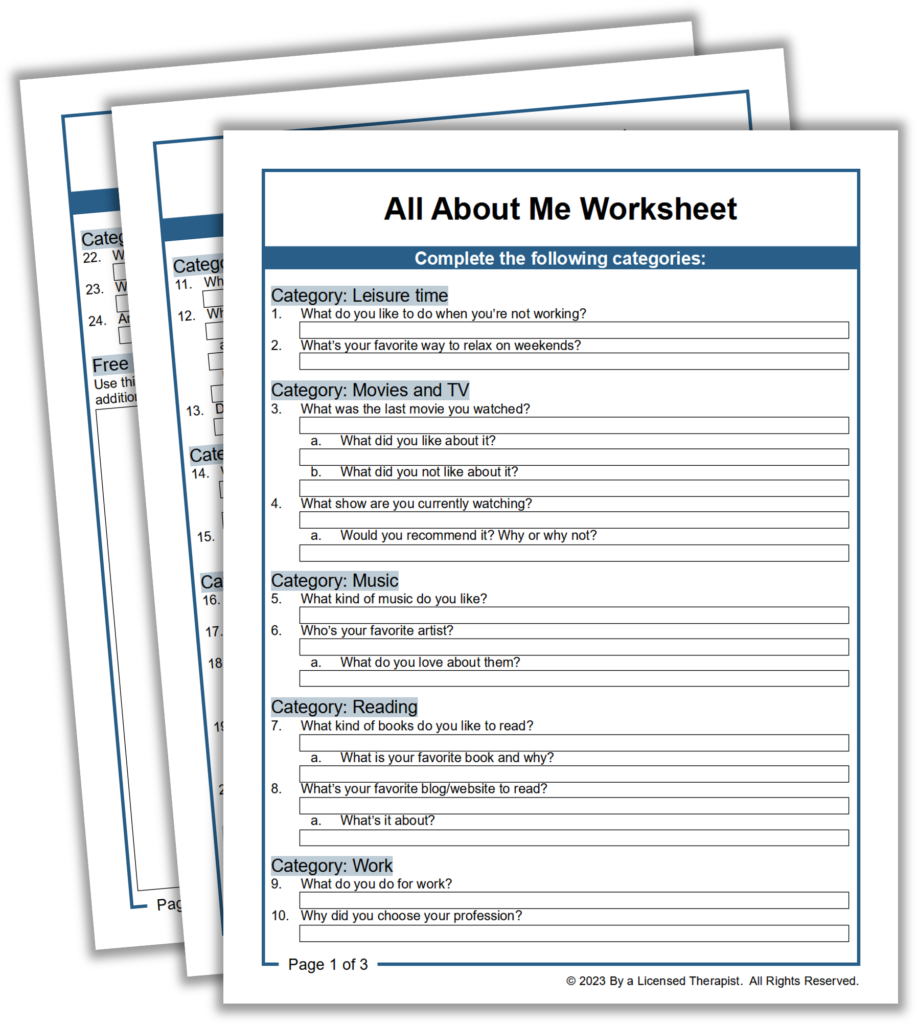 All About Me Worksheet for Adults PDF